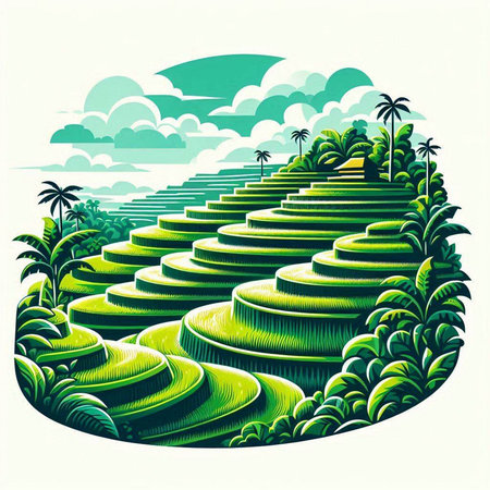 Green rice terraces with palm trees and clouds. Vector illustration.のイラスト素材