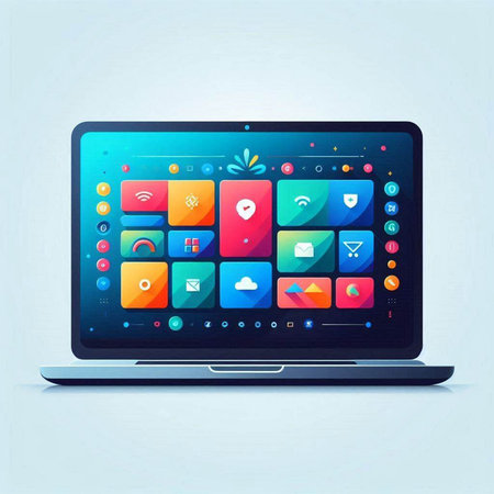Laptop with colorful application icons on the screen, vector illustration.のイラスト素材