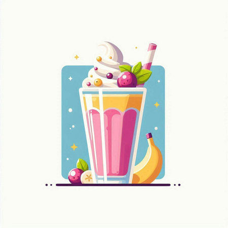 Milkshake with fruits and ice cream. Vector illustration in flat styleのイラスト素材