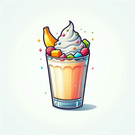 Vector illustration of a milkshake with whipped cream and fruits.のイラスト素材
