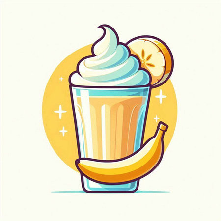 Milkshake with whipped cream and banana on white background. Vector illustration.のイラスト素材
