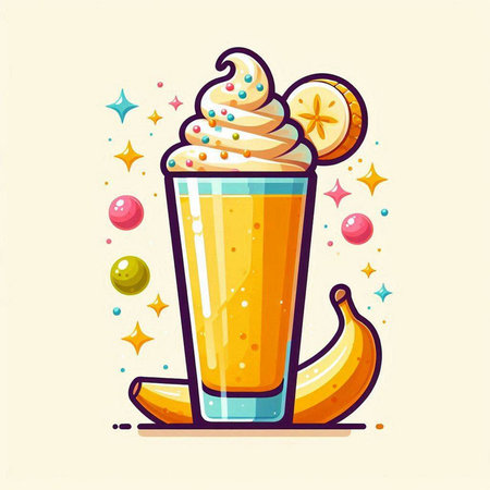 Banana smoothie with whipped cream in a glass. Vector illustration.のイラスト素材