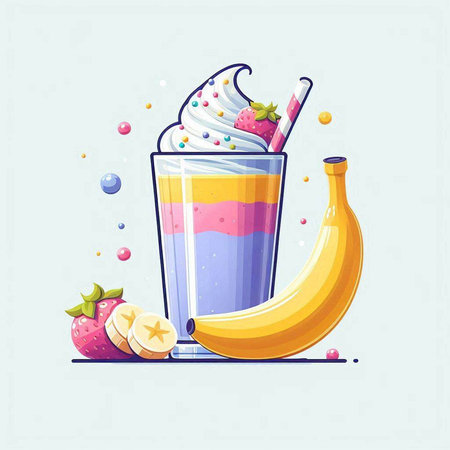 Banana milkshake with whipped cream and fruits. Vector illustration.のイラスト素材