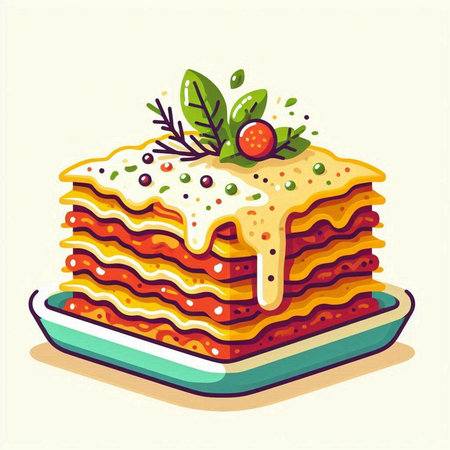 Illustration of lasagna on a plate. Vector illustration in cartoon style.のイラスト素材