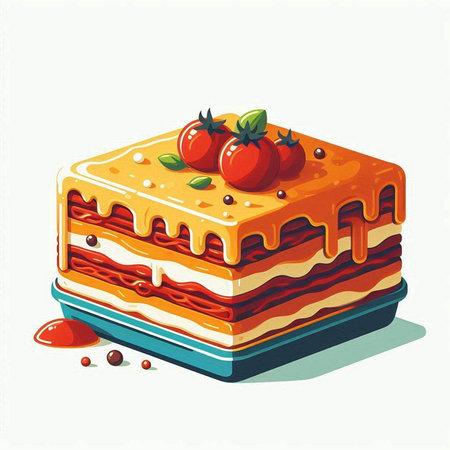 Illustration of a piece of cake with tomato sauce on a white background