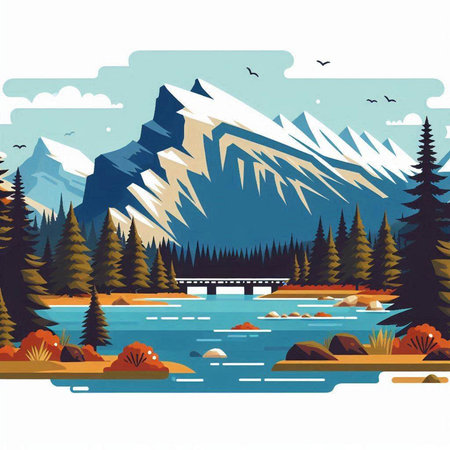Mountains and river. Mountain landscape. Vector illustration in flat styleのイラスト素材
