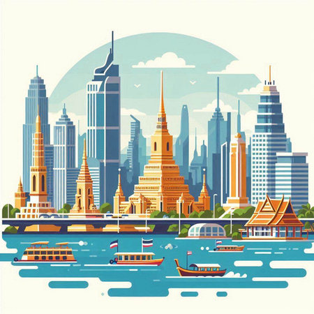 Bangkok cityscape with famous landmark. Vector illustration in flat styleのイラスト素材