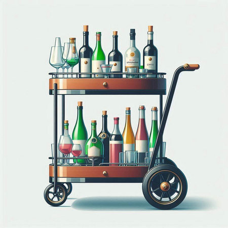 Illustration of a trolley with bottles of wine. Vector illustration.のイラスト素材