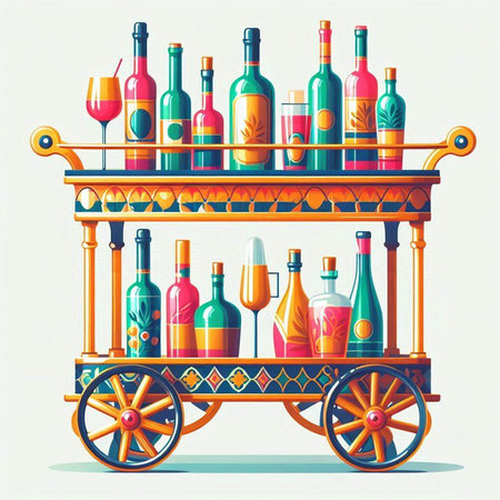 Vector illustration of a wooden cart with bottles of wine and glasses.のイラスト素材
