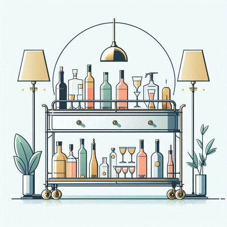 Shelves with bottles of wine and glasses. Vector illustration.のイラスト素材