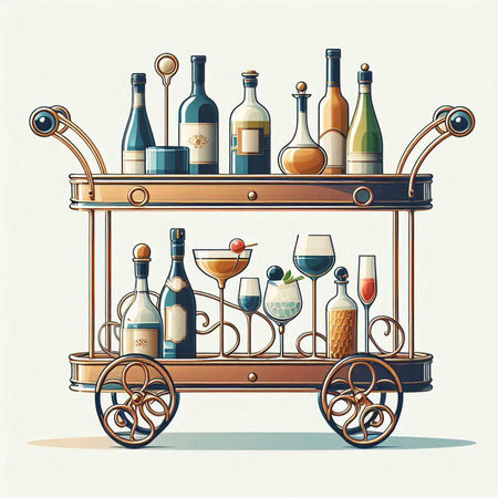 Vector illustration of a wine cart with bottles of wine and glasses.のイラスト素材