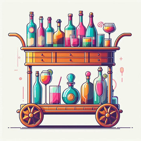 Vector illustration of a wooden cart with bottles of wine and other drinks.のイラスト素材