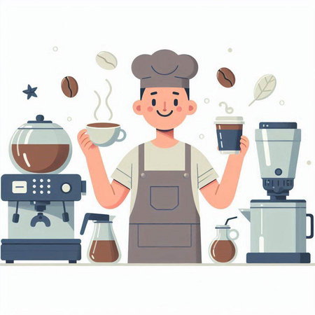 Coffee shop, barista in apron with coffee cup. Vector illustrationのイラスト素材