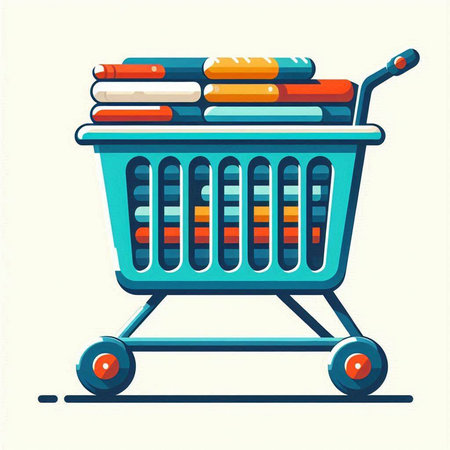 Shopping cart with books. Vector illustration in flat cartoon style.のイラスト素材