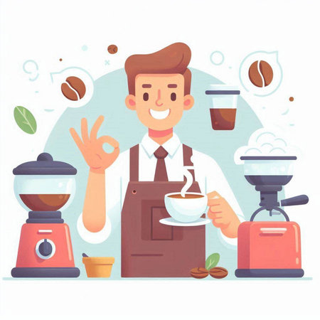 Coffee shop, barista with coffee machine and cup. Vector illustrationのイラスト素材