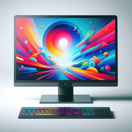 Computer monitor with abstract colorful background. 3d rendering. Computer monitor