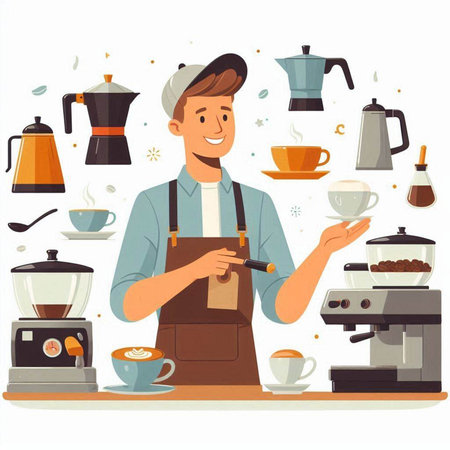 Coffee barista in apron. Vector illustration in flat styleのイラスト素材