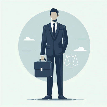 Businessman with briefcase and scales. Vector illustration in flat styleのイラスト素材