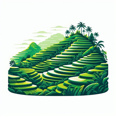Illustration of green rice terraces with palm trees and mountains.のイラスト素材