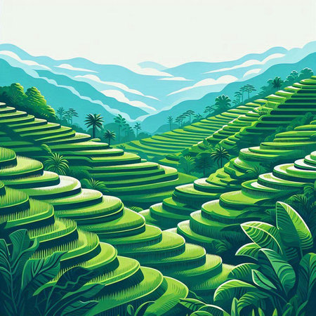 Illustration of green tea terraces with mountains in the background.のイラスト素材