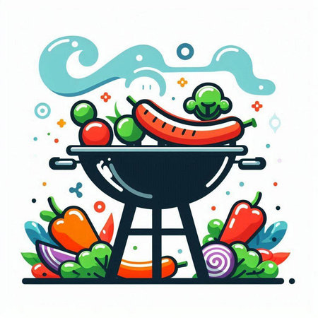 Barbecue grill with vegetables. Vector illustration in flat cartoon style.のイラスト素材