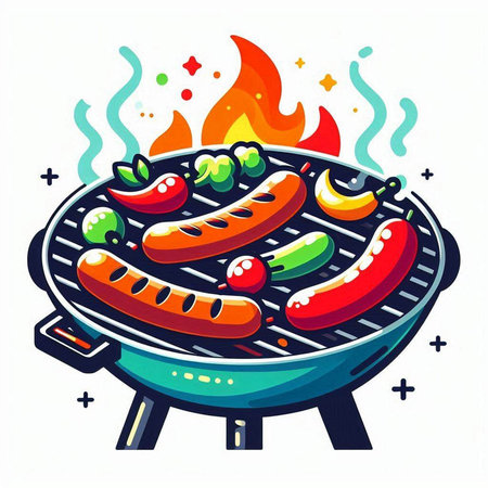 Barbecue grill with sausages and vegetables, vector illustration.のイラスト素材