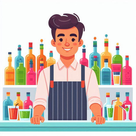 Barman in apron standing at counter with bottles of alcoholic drinks. Vector flat illustrationのイラスト素材