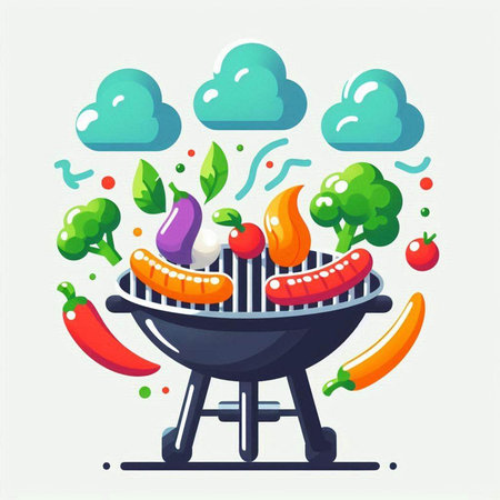 Vector illustration of a barbecue grill with vegetables and clouds in the backgroundのイラスト素材