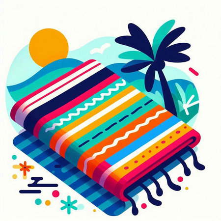 Colorful striped beach towel on a tropical island. Vector illustration.のイラスト素材