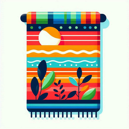 Vector illustration of a colorful striped blanket with plants and sun in the backgroundのイラスト素材