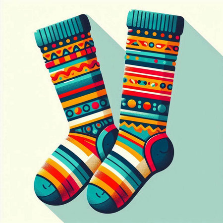 Illustration of a pair of colorful socks on a light background.のイラスト素材