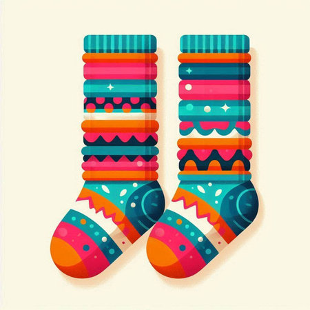 Christmas socks with colorful patterns. Vector illustration in flat design style.のイラスト素材