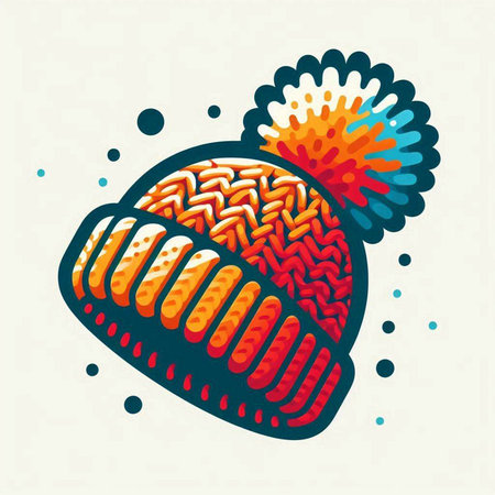Vector illustration of knitted hat with pompon in doodle style