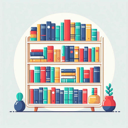 Bookshelf with books. Vector illustration in flat design style.のイラスト素材