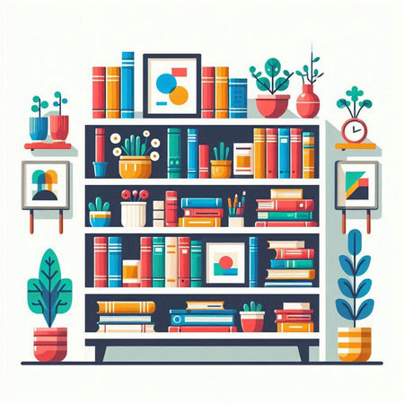 Bookshelf with books and plants. Vector illustration in flat styleのイラスト素材