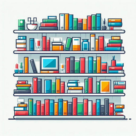 Illustration of bookshelves with different books. Vector illustration.のイラスト素材