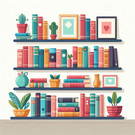 Bookshelf with books and potted plants. Vector illustration.のイラスト素材