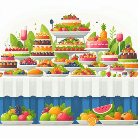 Vector illustration of a fruit buffet with a variety of fruits and berriesのイラスト素材