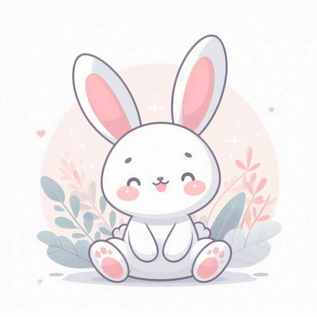 Cute little bunny sitting on the ground. Vector illustration in cartoon style.のイラスト素材