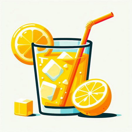 Orange juice in a glass with ice cubes and straw. Vector illustration.のイラスト素材