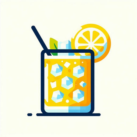 Cocktail with ice, lemon and straw. Vector illustration.のイラスト素材