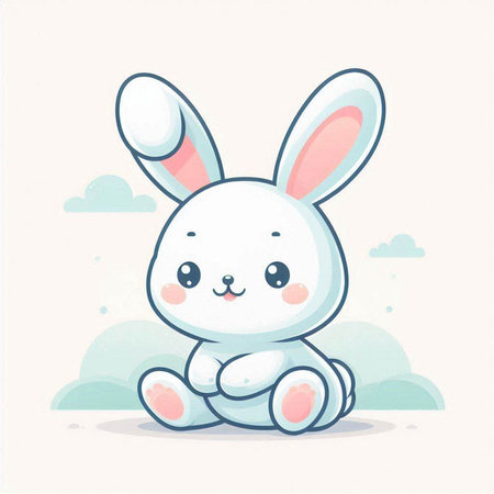 Cute cartoon bunny sitting on the sky background. Vector illustration.のイラスト素材