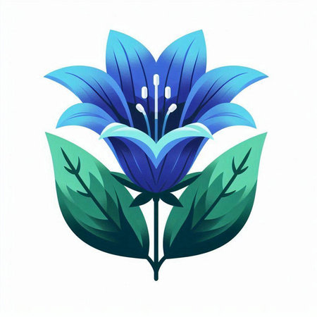Illustration of a blue lily with green leaves on a white backgroundのイラスト素材