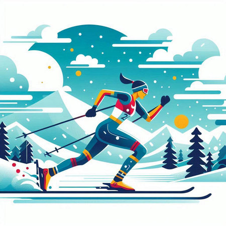 Winter sport illustration with skier running in the mountains. Vector illustration.のイラスト素材