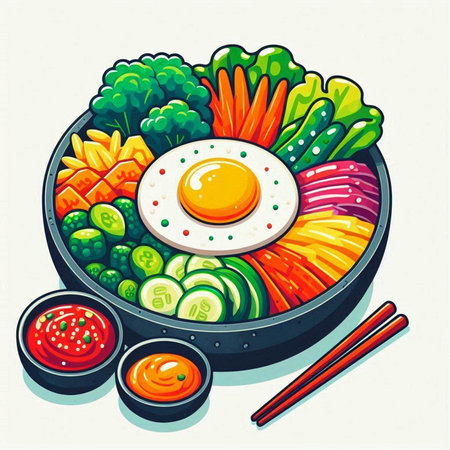 Illustration of a bowl of vegetables with fried egg and chopsticksのイラスト素材