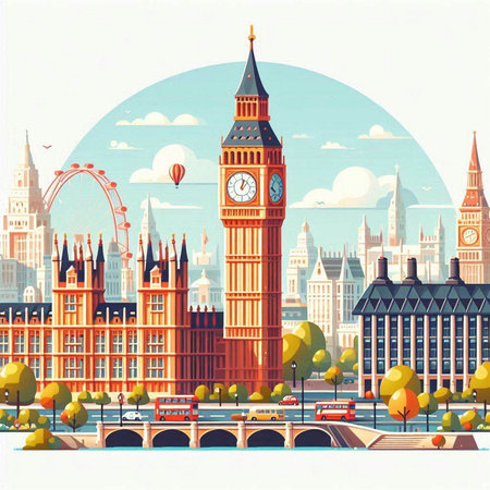 Big Ben and Houses of Parliament in London, England. Vector illustration.
