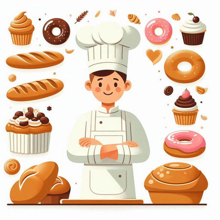 Cute cartoon boy chef in uniform and hat with different types of pastry. Vector illustration