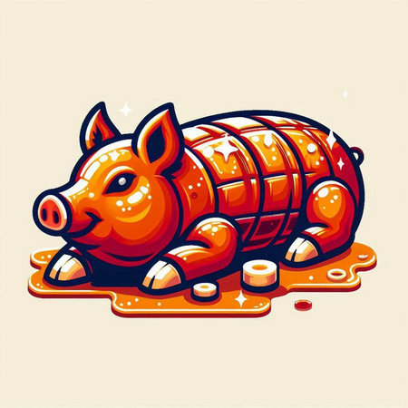 Illustration of a red pig lying on the ground. Vector illustrationのイラスト素材