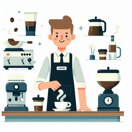 Coffee shop concept. Barista making coffee. Vector illustration in flat styleのイラスト素材