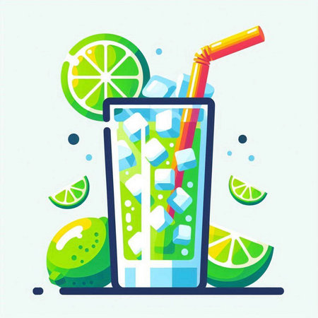 Cocktail with lime, ice and straw. Vector illustration.のイラスト素材